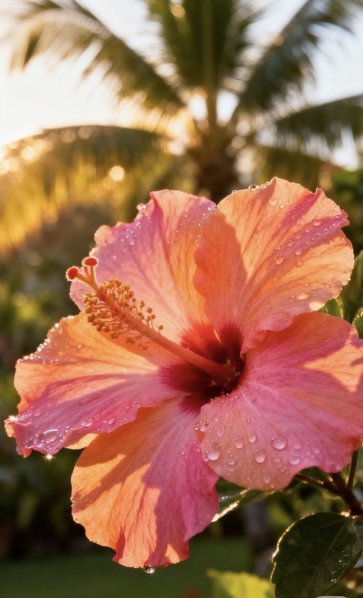 Warm pink hibiscus flower in morning light